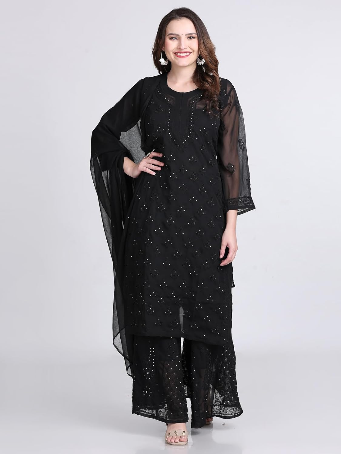 Hala Georgette Muquesh Embellishments Kurta, Sharara & Dupatta Set With Matching Cotton inner