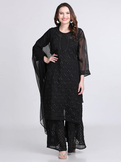 Hala Georgette Muquesh Embellishments Kurta, Sharara & Dupatta Set With Matching Cotton inner