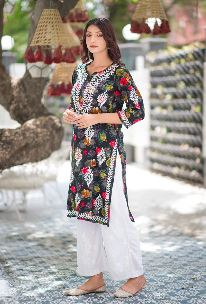 Nigaar Straight Fit Floral Print Rayon Kurti with Lucknowi Hand Embroidery for All Occasions