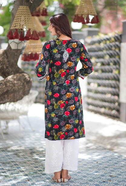 Nigaar Straight Fit Floral Print Rayon Kurti with Lucknowi Hand Embroidery for All Occasions