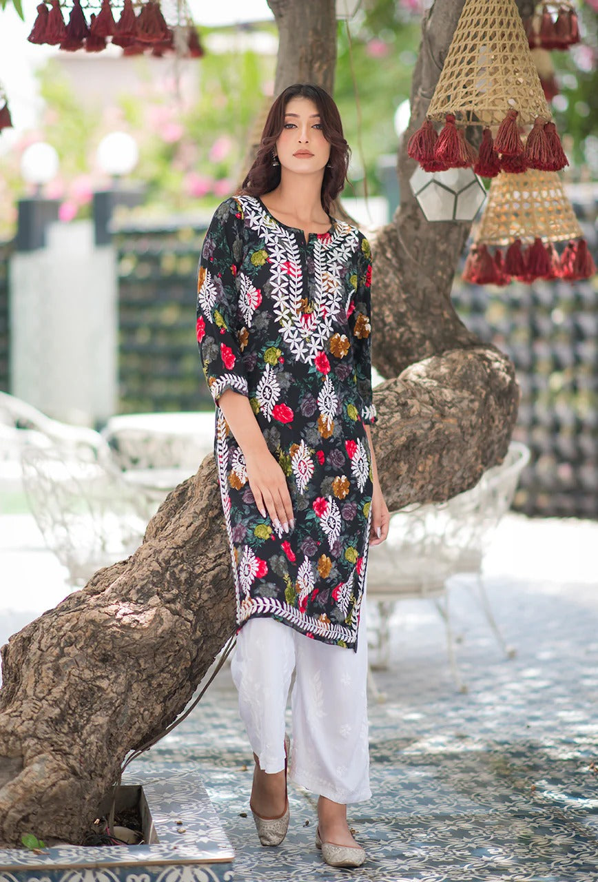 Nigaar Straight Fit Floral Print Rayon Kurti with Lucknowi Hand Embroidery for All Occasions