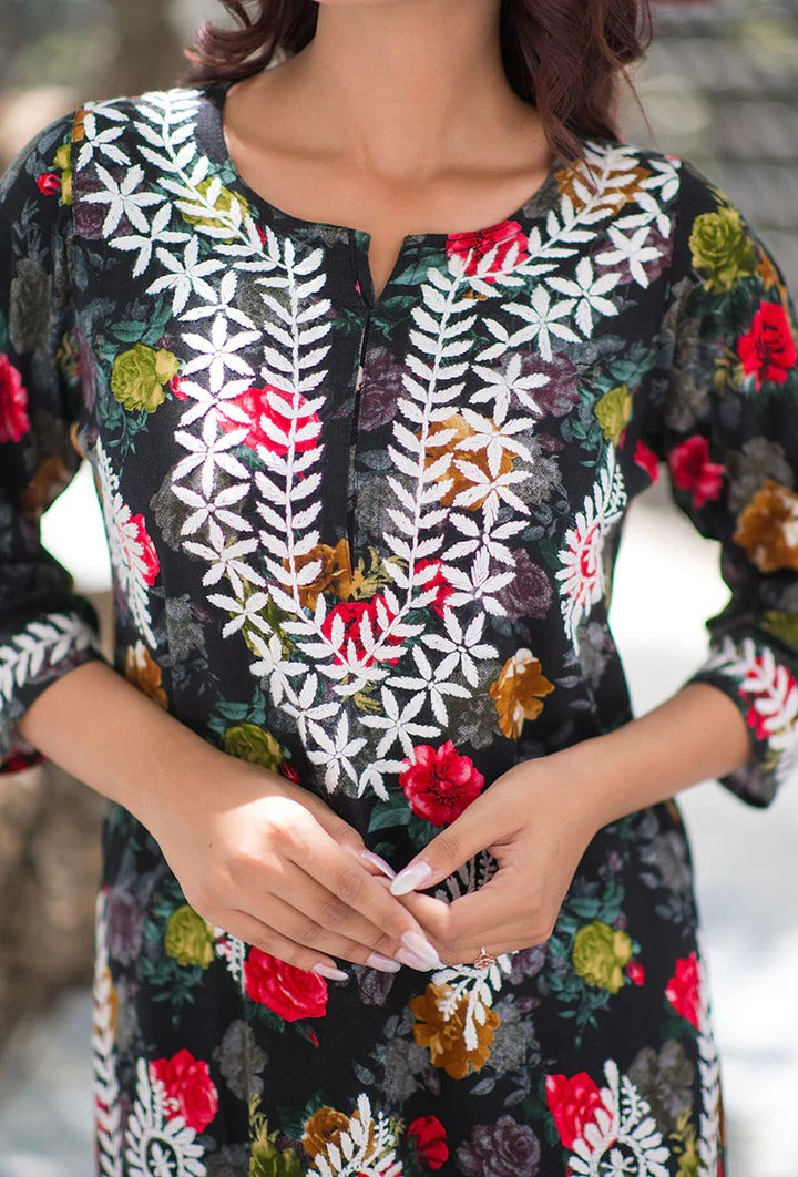 Nigaar Straight Fit Floral Print Rayon Kurti with Lucknowi Hand Embroidery for All Occasions