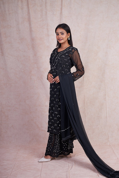 Premium Chiffon Georgette Mirror Work Kurti, Sharara & Dupatta Set With Free Matching Cotton Inner, Mirror Work 4-Piece Kurti Set