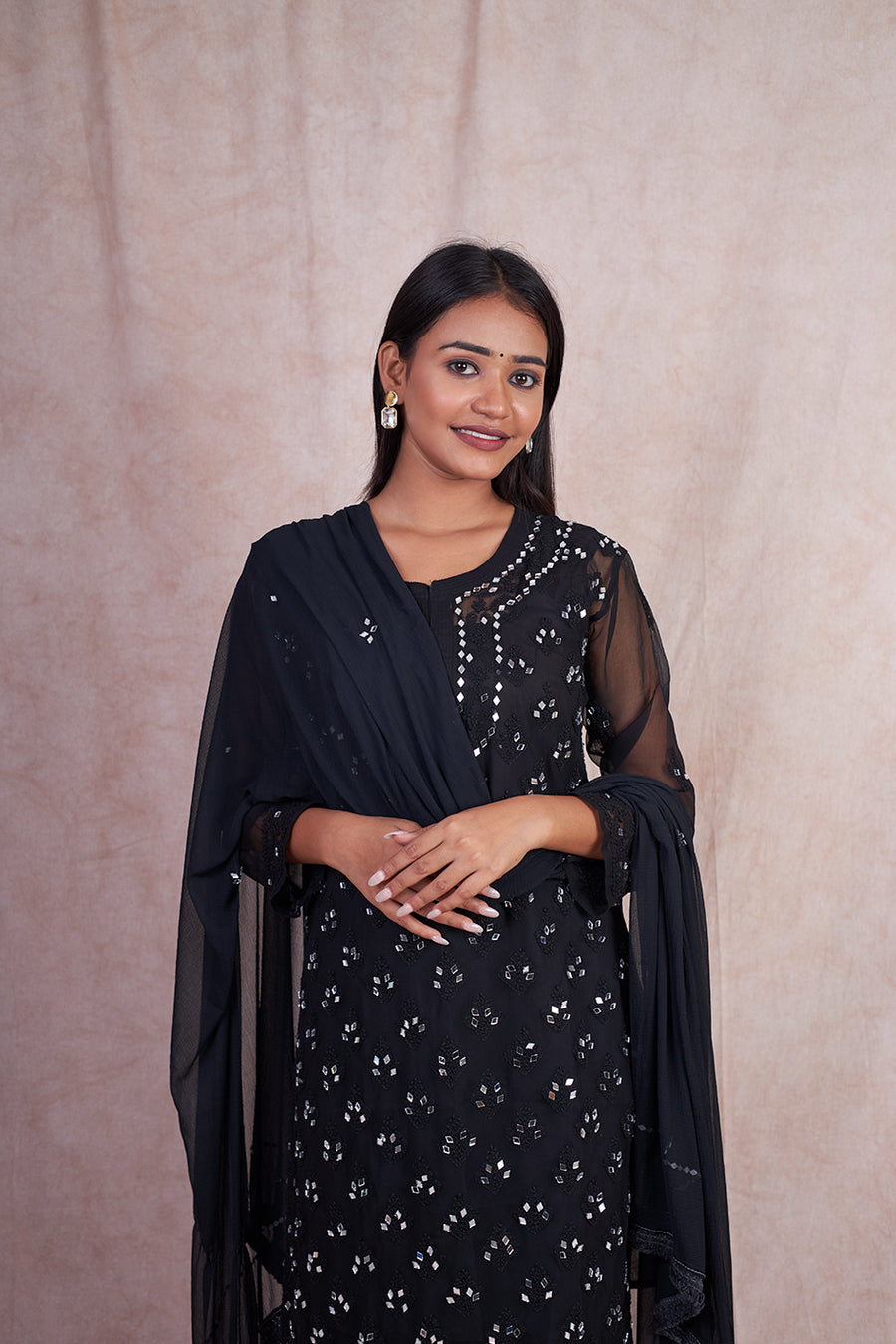 Premium Chiffon Georgette Mirror Work Kurti, Sharara & Dupatta Set With Free Matching Cotton Inner, Mirror Work 4-Piece Kurti Set