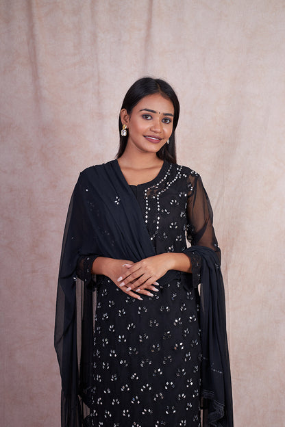 Premium Chiffon Georgette Mirror Work Kurti, Sharara & Dupatta Set With Free Matching Cotton Inner, Mirror Work 4-Piece Kurti Set