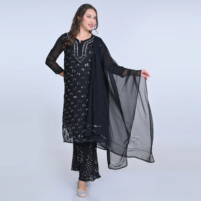 Premium Chiffon Georgette Mirror Work Kurti, Sharara & Dupatta Set With Free Matching Cotton Inner, Mirror Work 4-Piece Kurti Set