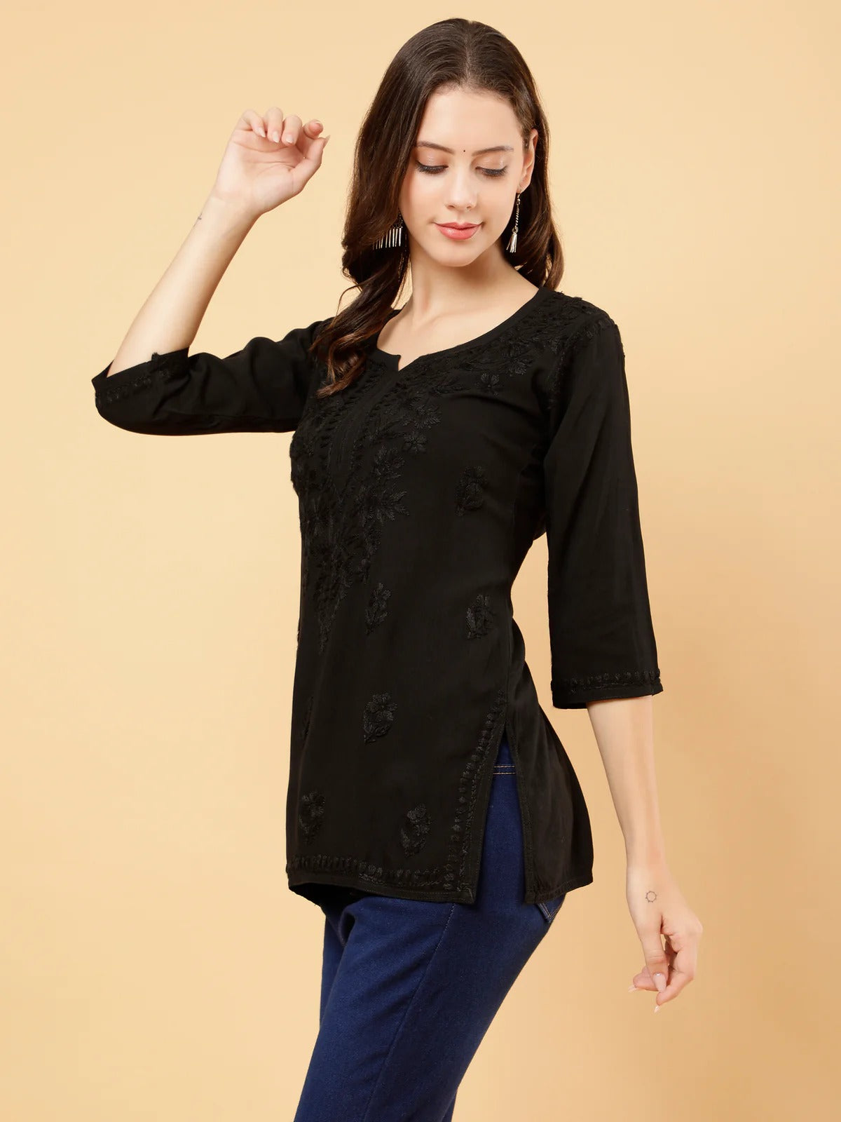 Zahra Black Dyed Short Rayon Chikankari Top - Comfortable & Non-Transparent Chikankari Short Kurti