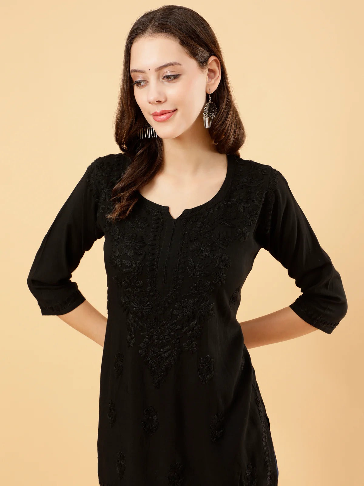 Zahra Black Dyed Short Rayon Chikankari Top - Comfortable & Non-Transparent Chikankari Short Kurti