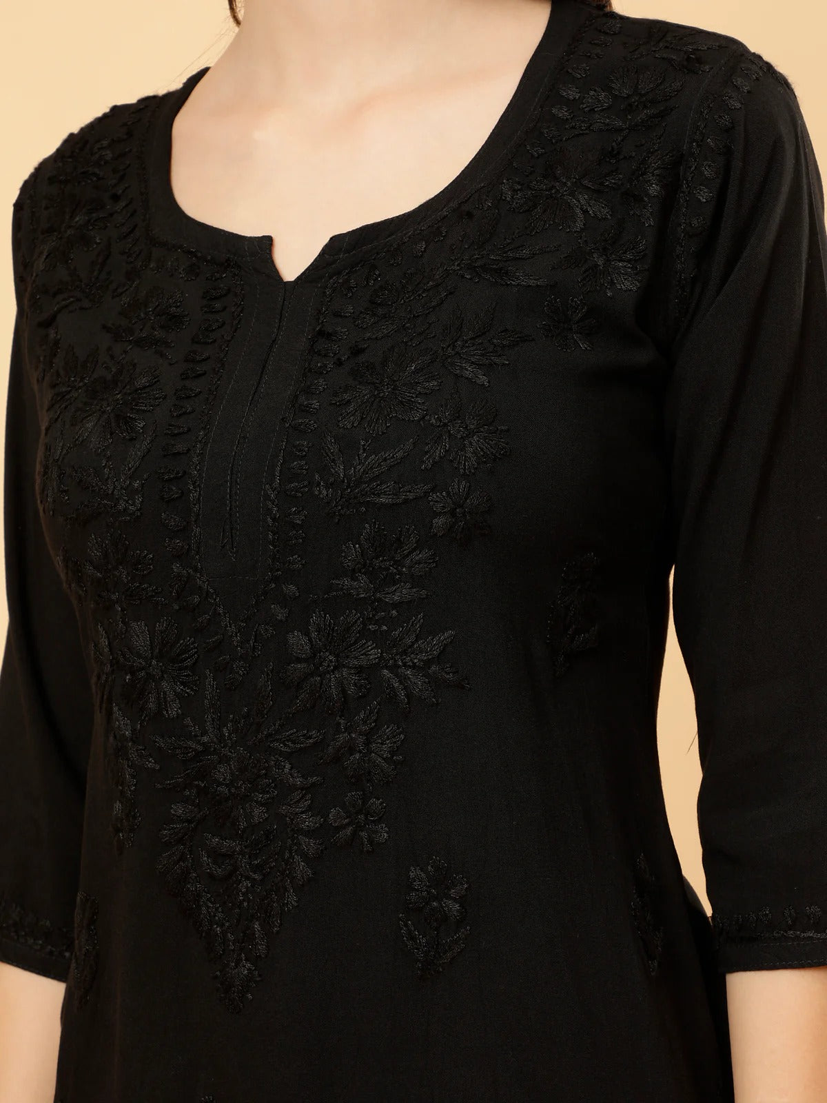 Zahra Black Dyed Short Rayon Chikankari Top - Comfortable & Non-Transparent Chikankari Short Kurti