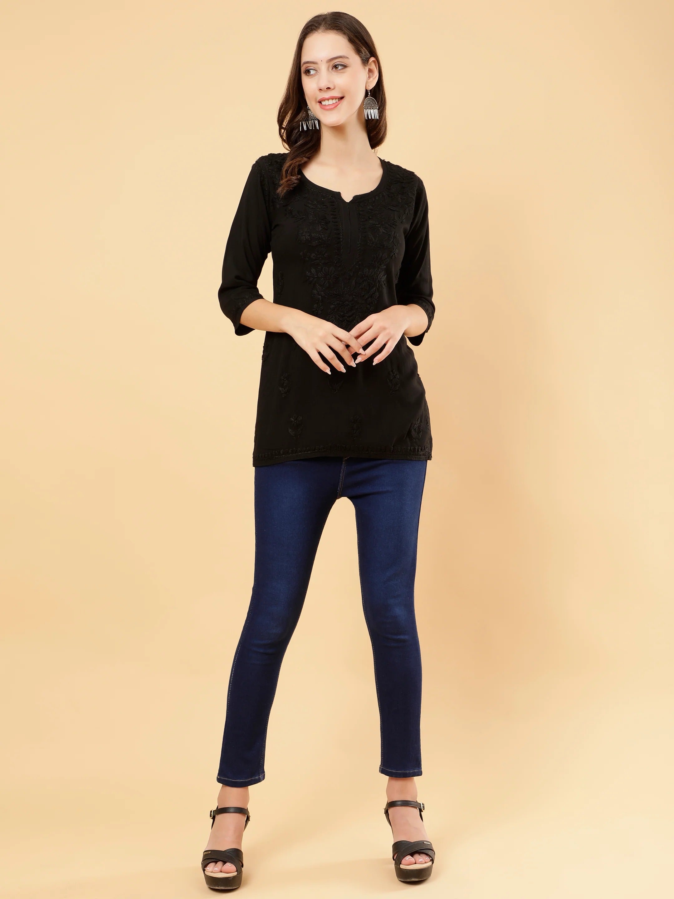 Zahra Black Dyed Short Rayon Chikankari Top - Comfortable & Non-Transparent Chikankari Short Kurti