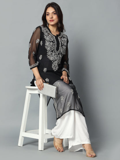 Chikankari Chiffon Georgette Straight Kurti With Real Pasted Mirror Work & Matching Cotton Inner
