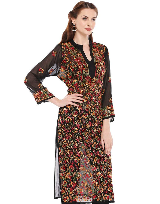 Women's Black Chiffon Georgette Chikankari Kurti with Multi-Thread Embroidery & Free Cotton Inner