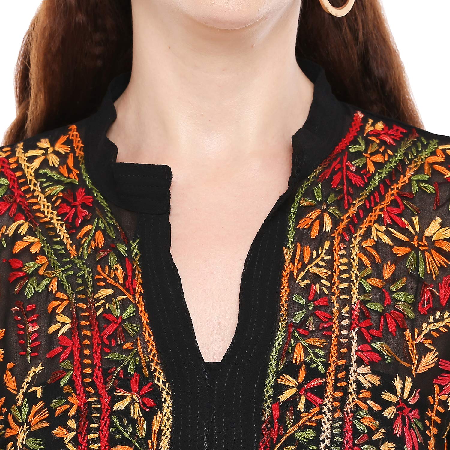 Black-Multi Alfi Georgette Multi Threadwork Kurti with Inner