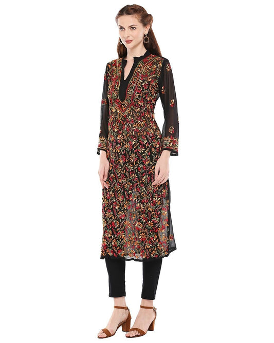 Women's Black Chiffon Georgette Chikankari Kurti with Multi-Thread Embroidery & Free Cotton Inner