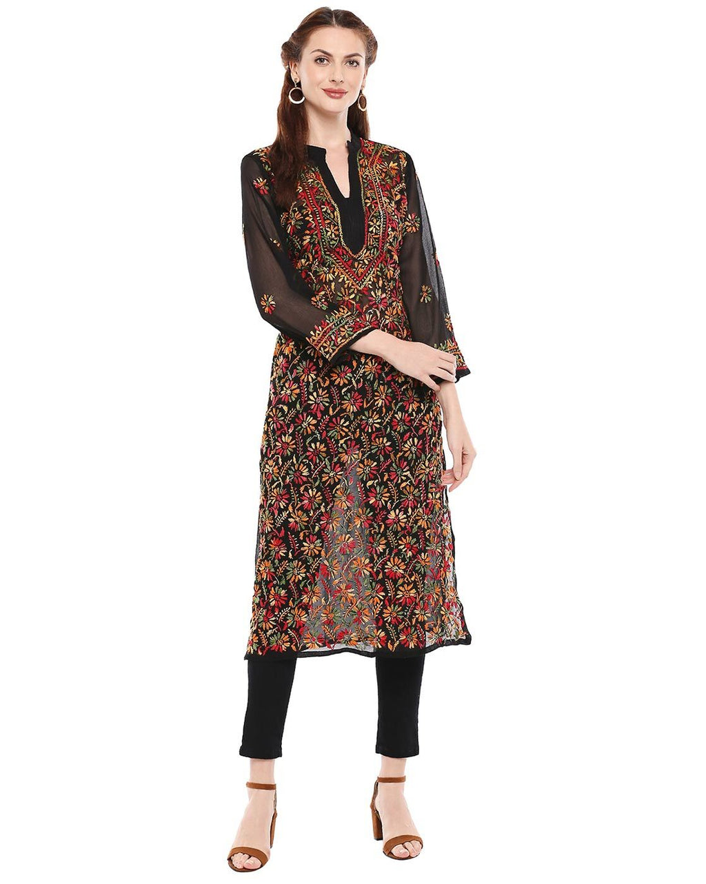 Black-Multi Alfi Georgette Multi Threadwork Kurti with Inner