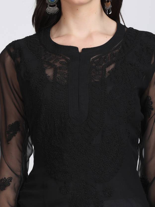 Black Iffat Georgette Kurti, Inner & Lycra pant Set