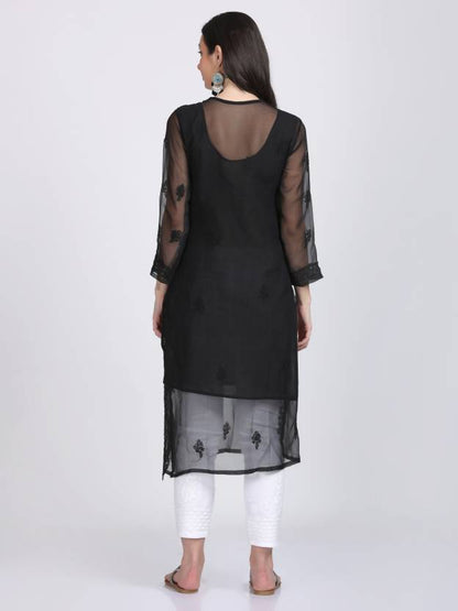 Women's Chiffon Georgette Chikankari Ton-to-Ton Kurti with Inner & White Lycra Pant Set