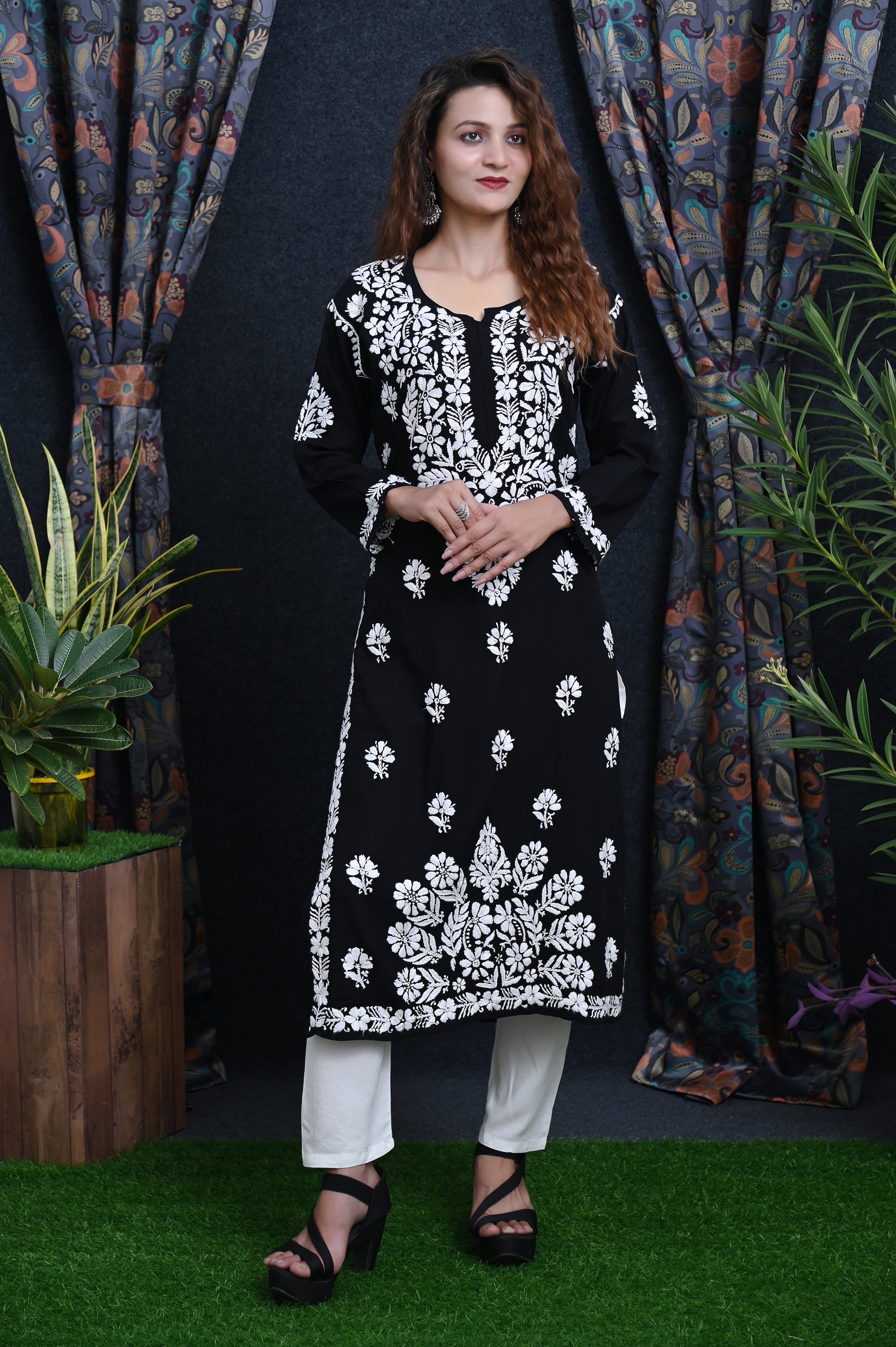 Black Salma Straight Chikankari Rayon Kurti