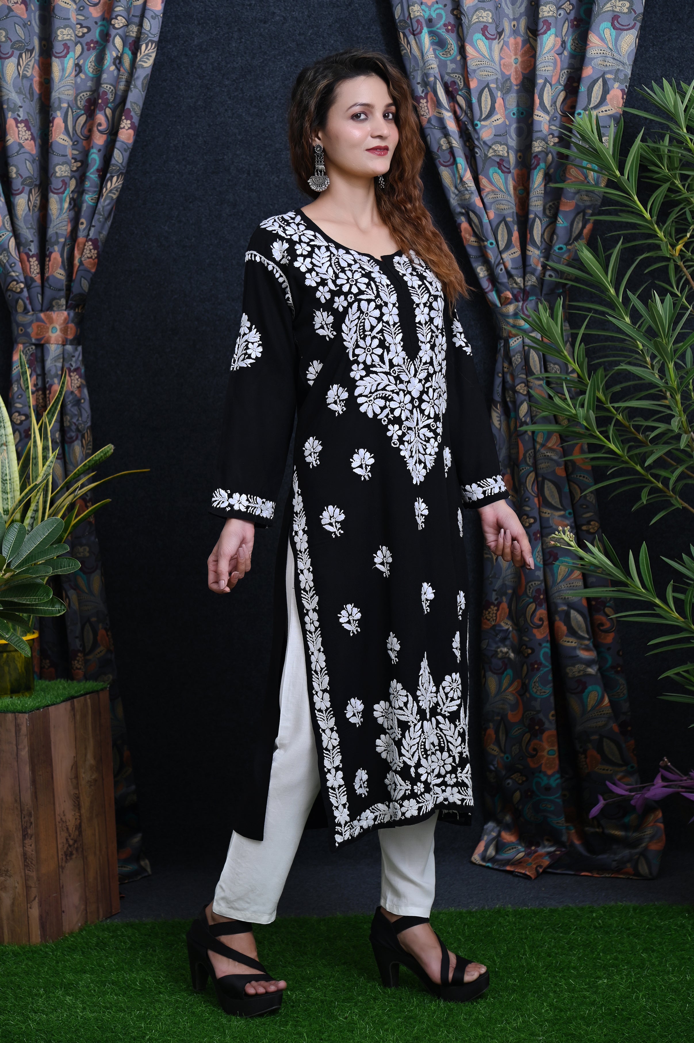 Black Salma Straight Chikankari Rayon Kurti