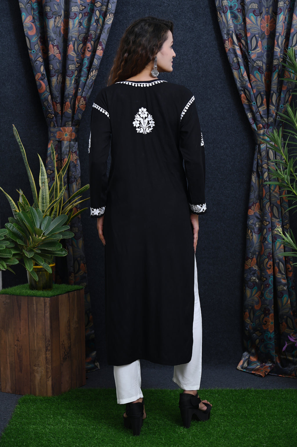 Black Salma Straight Chikankari Rayon Kurti