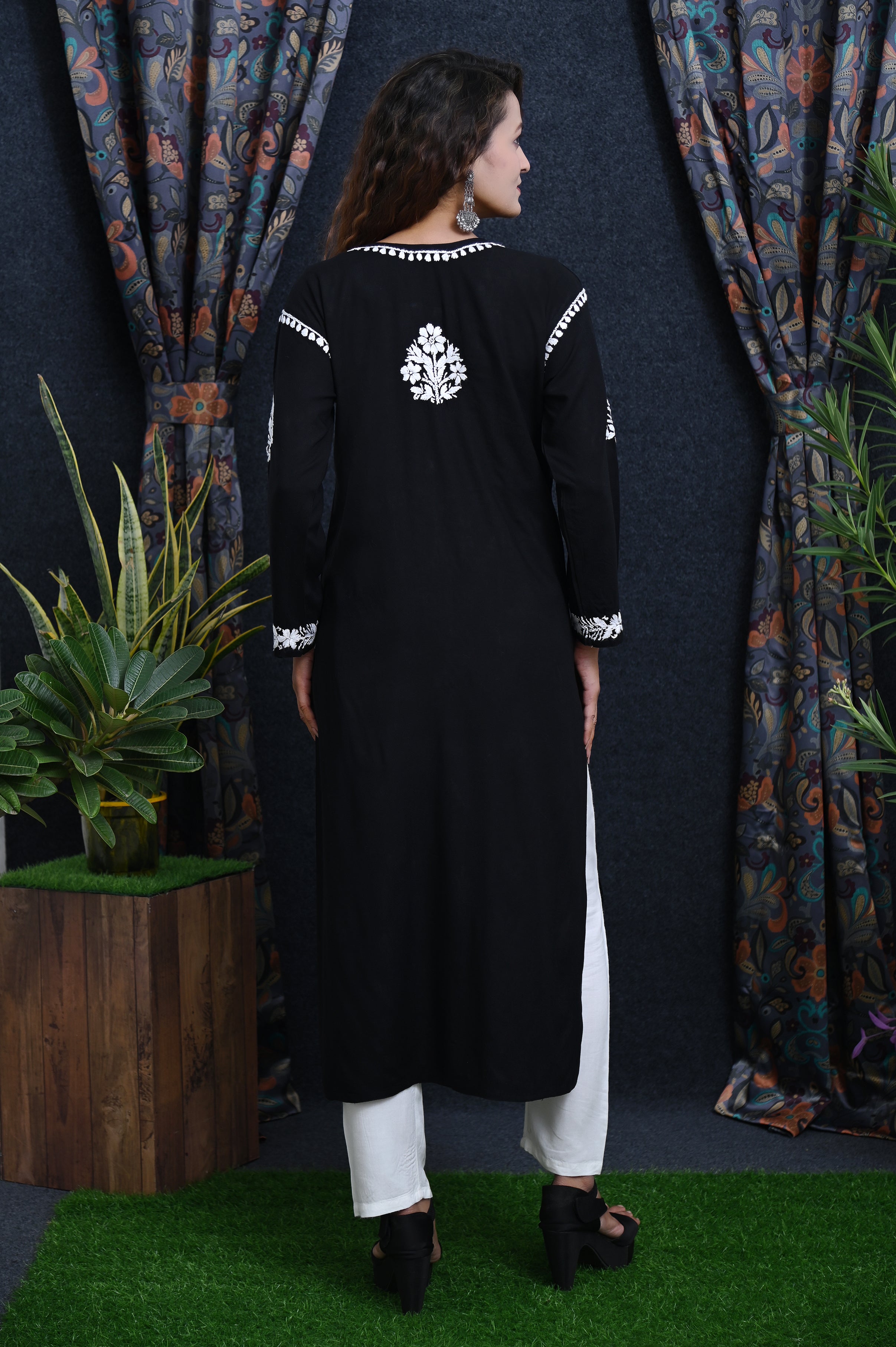 Black Salma Straight Chikankari Rayon Kurti