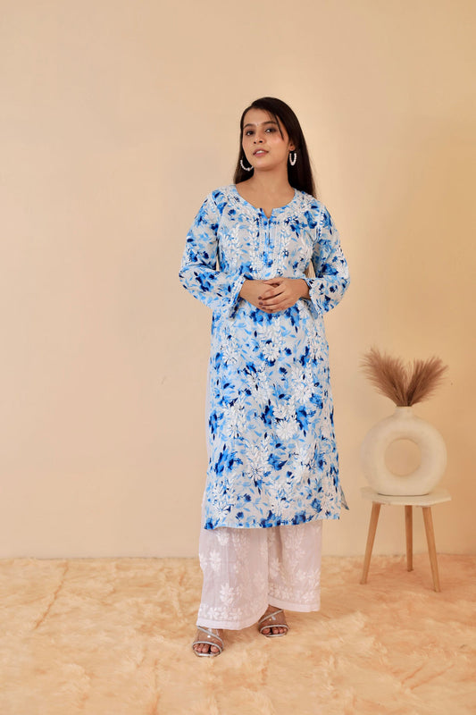 Women's Super Comfy Pure Mulmul Floral Print Lucknowi Chikankari Straight Long Kurti