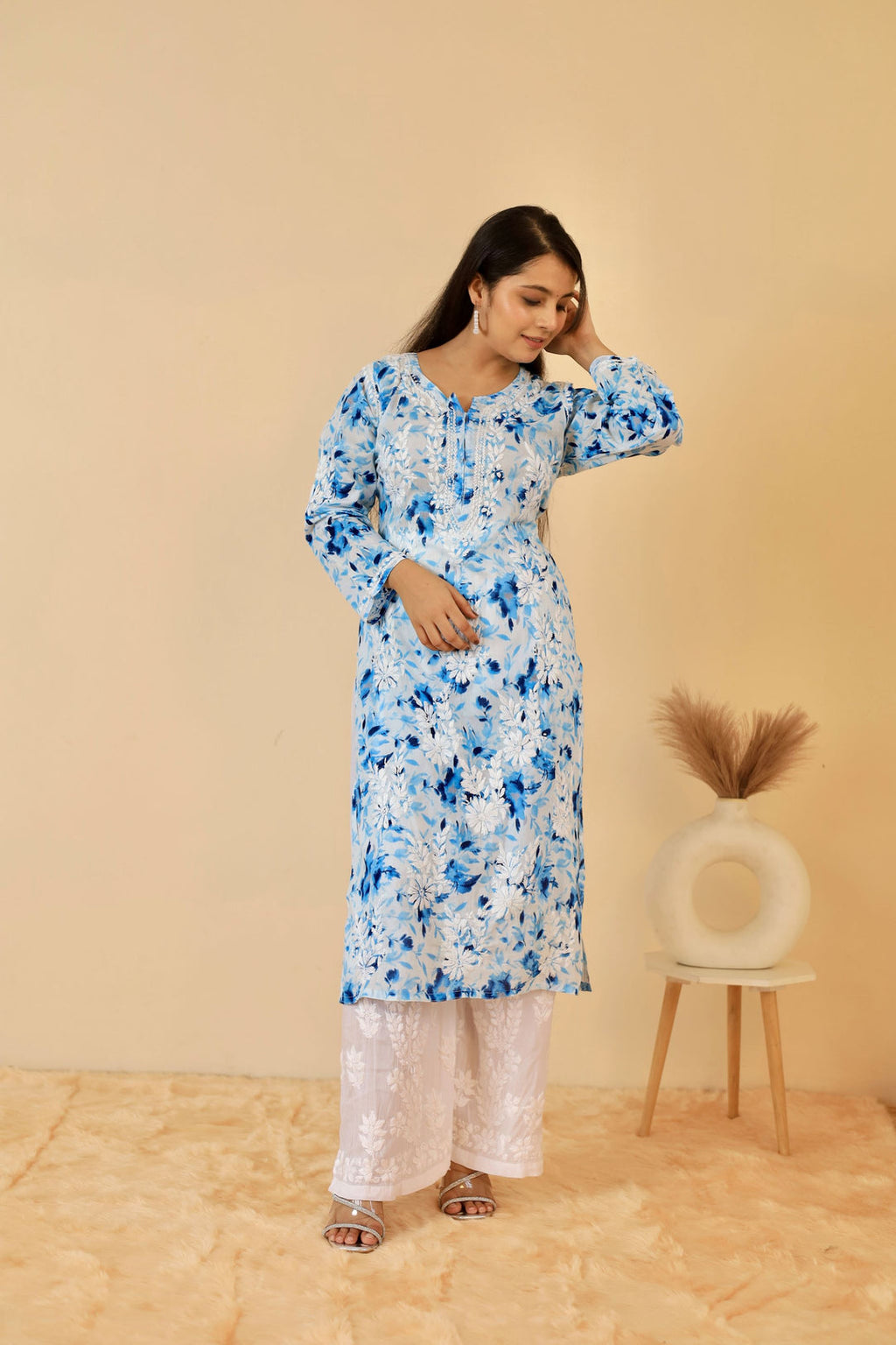 Blue Samina Floral Print Mulmul Kurta