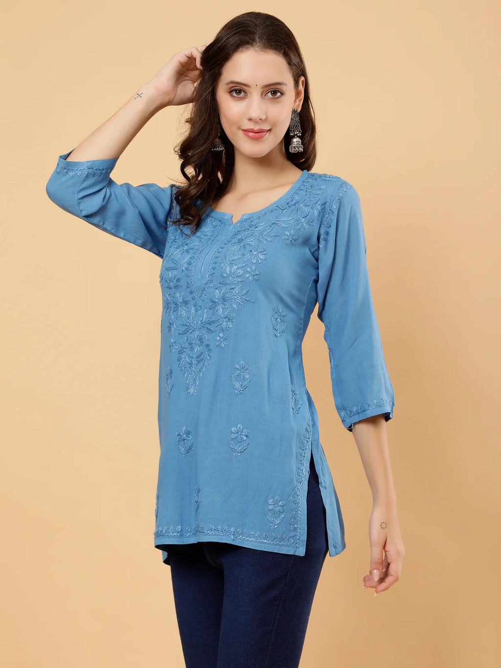 Zahra Dark Blue Dyed Short Rayon Chikankari Top - Comfortable & Non-Transparent Chikankari Short Kurti