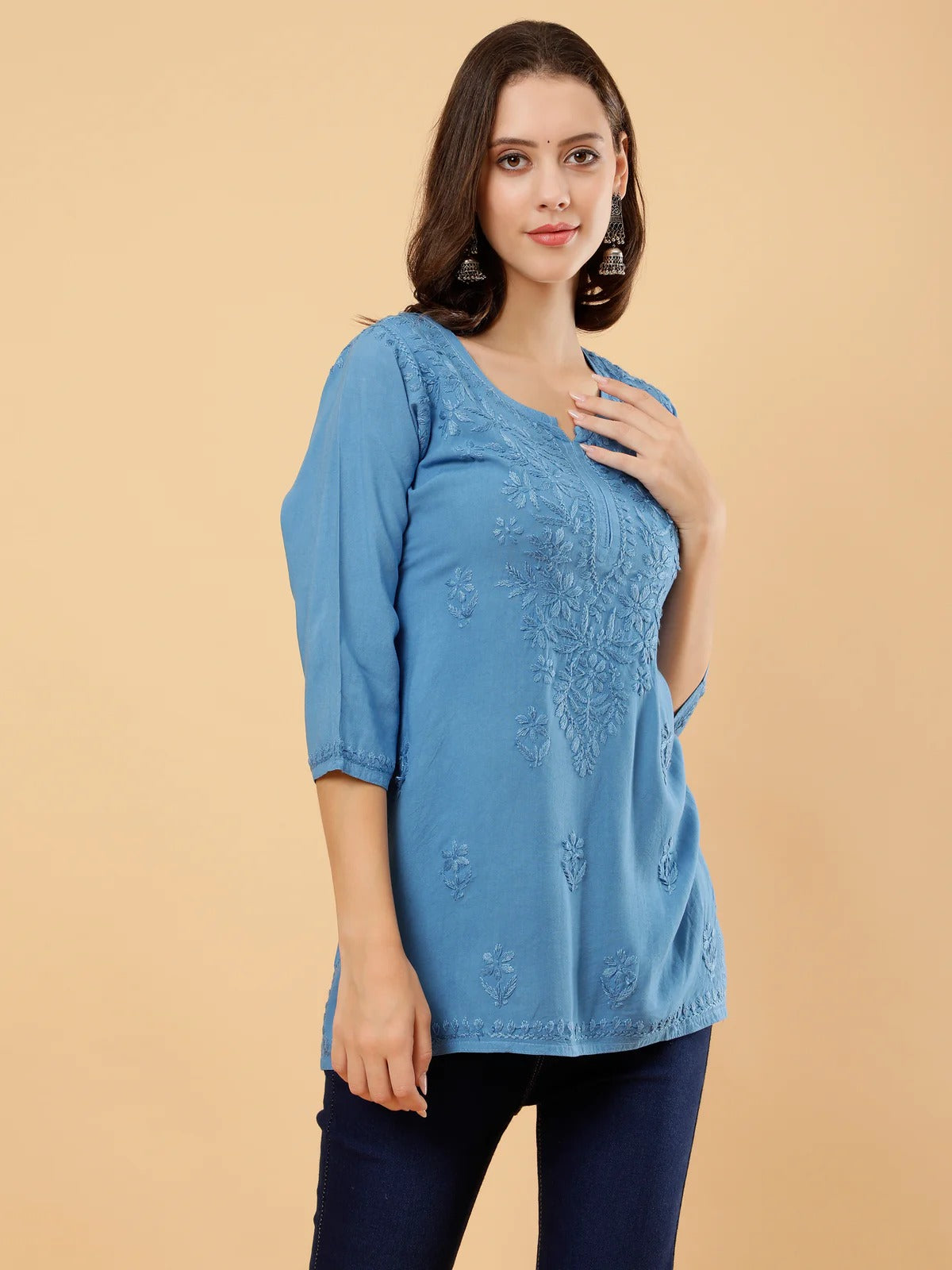 Zahra Dark Blue Dyed Short Rayon Chikankari Top - Comfortable & Non-Transparent Chikankari Short Kurti