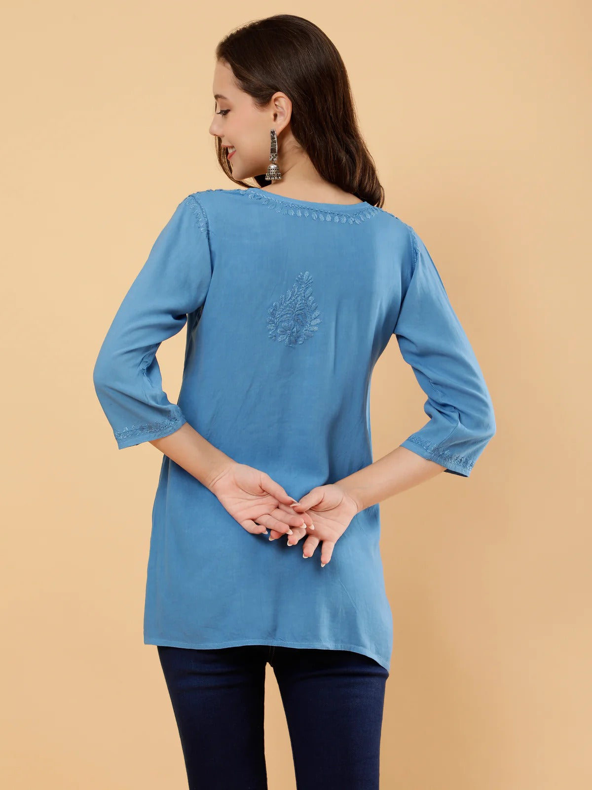 Zahra Dark Blue Dyed Short Rayon Chikankari Top - Comfortable & Non-Transparent Chikankari Short Kurti