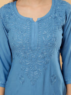 Zahra Dark Blue Dyed Short Rayon Chikankari Top - Comfortable & Non-Transparent Chikankari Short Kurti