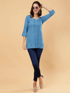 Zahra Dark Blue Dyed Short Rayon Chikankari Top - Comfortable & Non-Transparent Chikankari Short Kurti