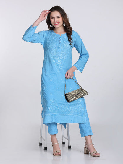 Blue Shifa Dyed Cotton Kurti & Lycra Pant Set