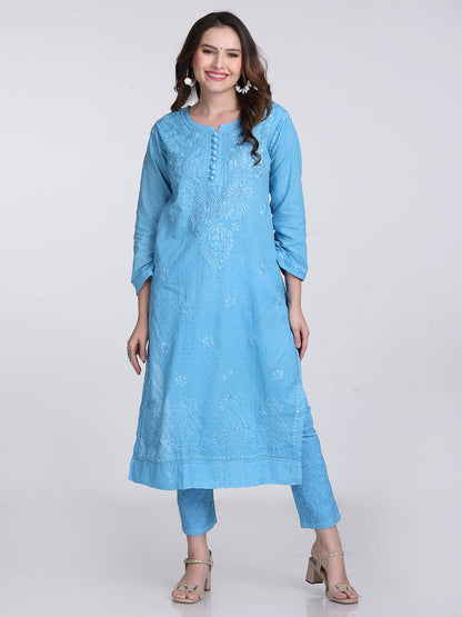 Blue Shifa Dyed Cotton Kurti & Lycra Pant Set