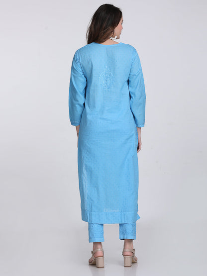 Blue Shifa Dyed Cotton Kurti & Lycra Pant Set