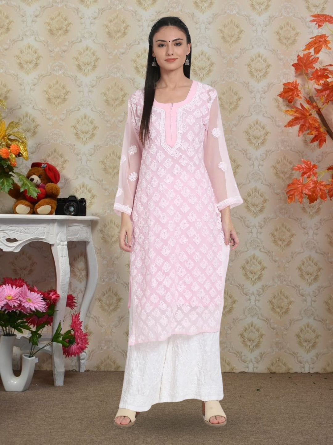 Baby Pink Marjan Georgette Booti Jaal Kurti & Inner