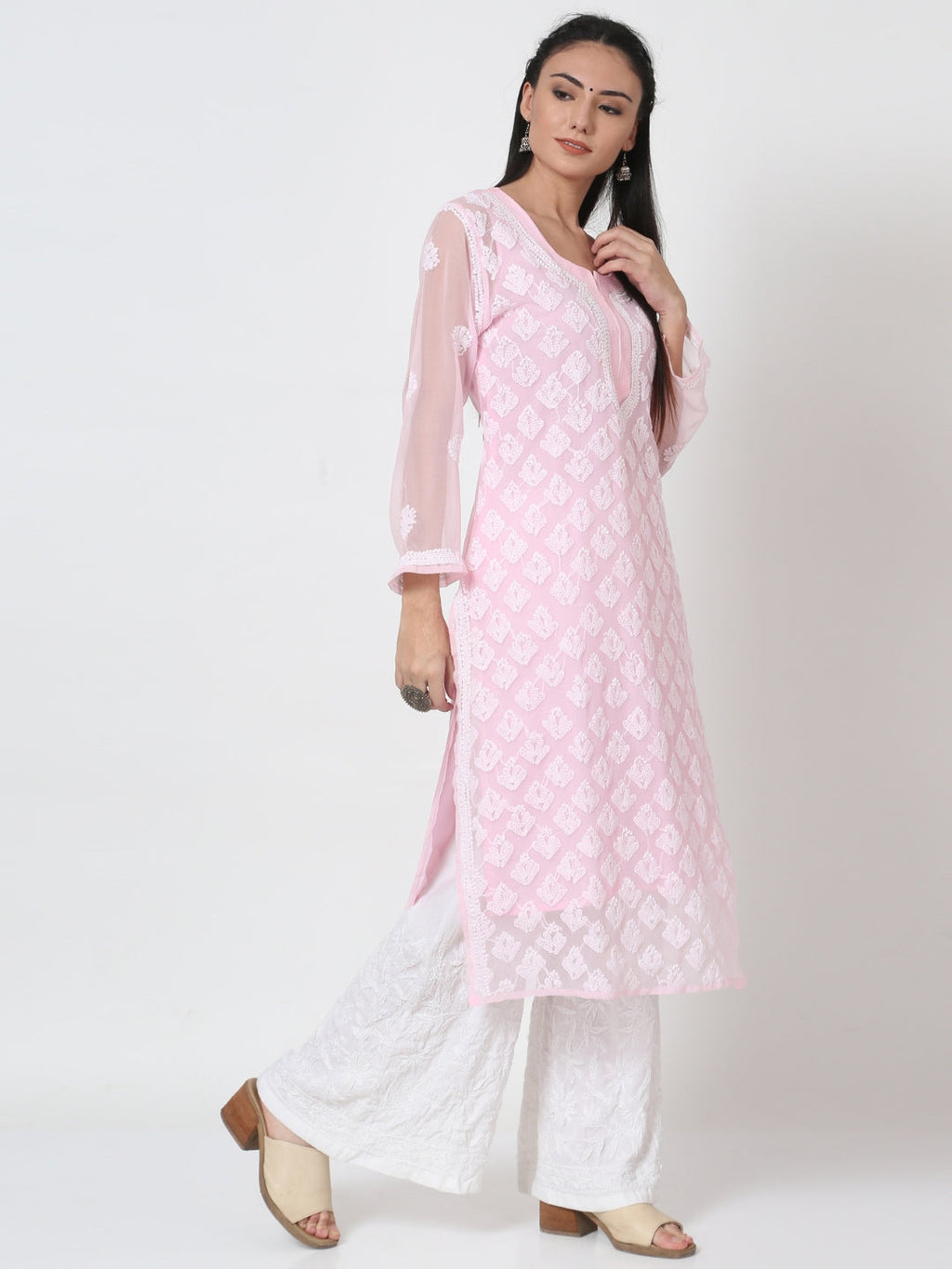 Baby Pink Marjan Georgette Booti Jaal Kurti & Inner