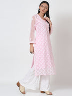Baby Pink Marjan Georgette Booti Jaal Kurti & Inner