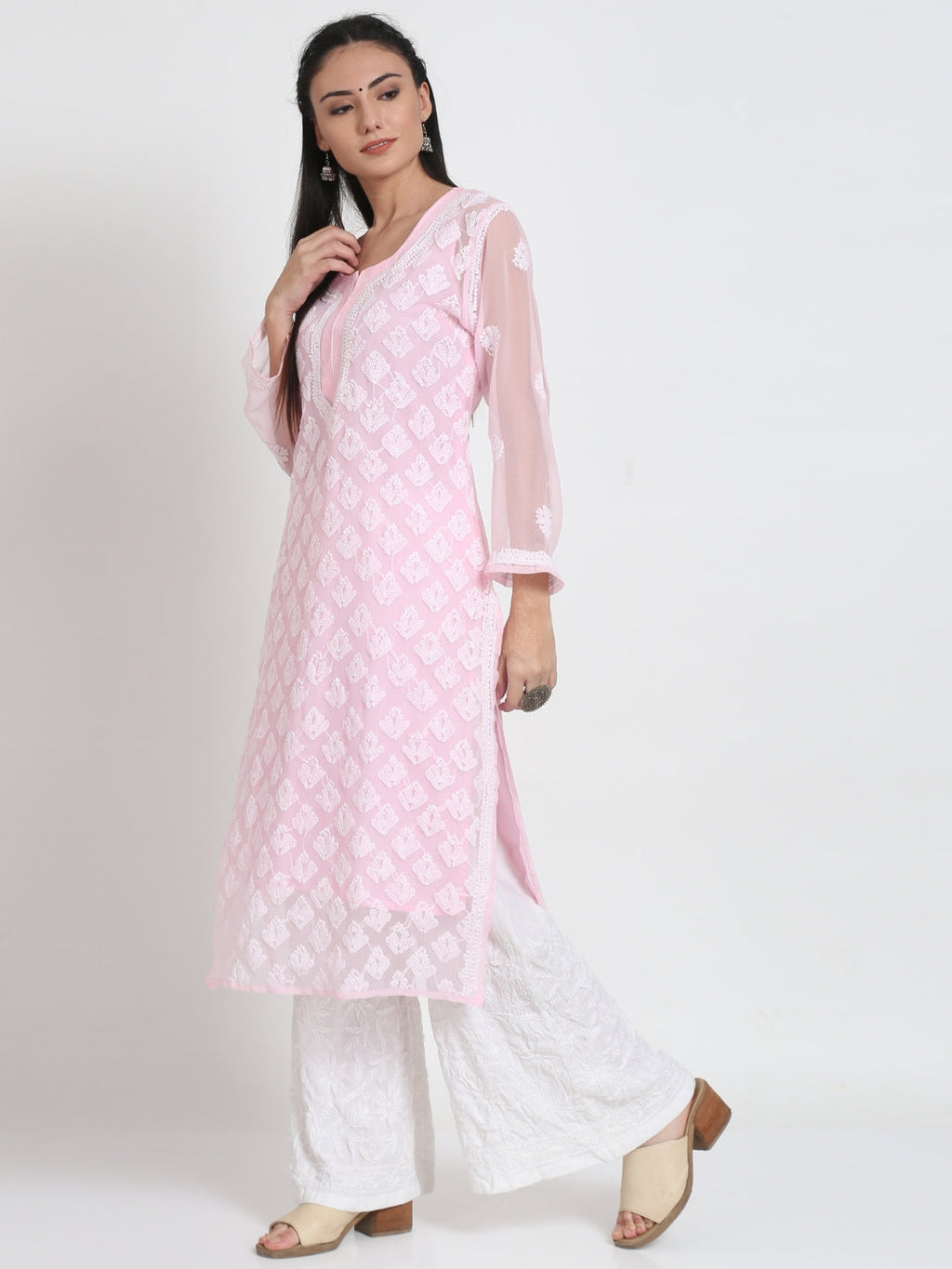 Baby Pink Marjan Georgette Booti Jaal Kurti & Inner