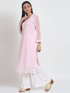 Baby Pink Marjan Georgette Booti Jaal Kurti & Inner