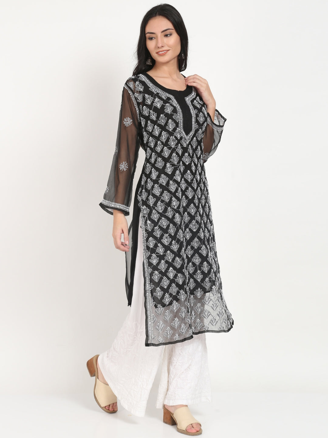 Black Marjan Georgette Booti Jaal Kurti & Inner