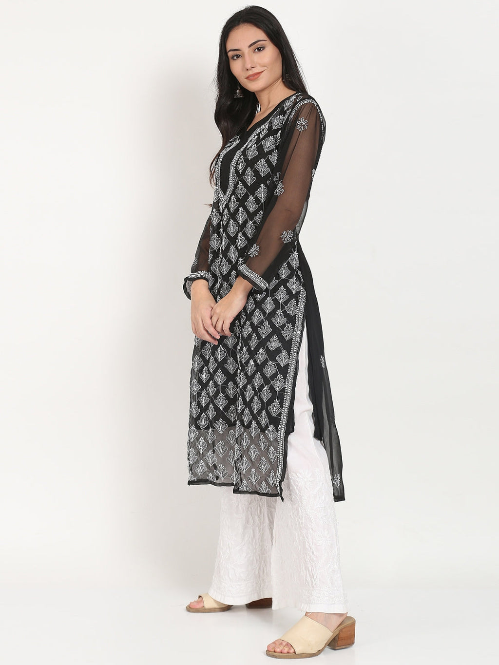 Black Marjan Georgette Booti Jaal Kurti & Inner