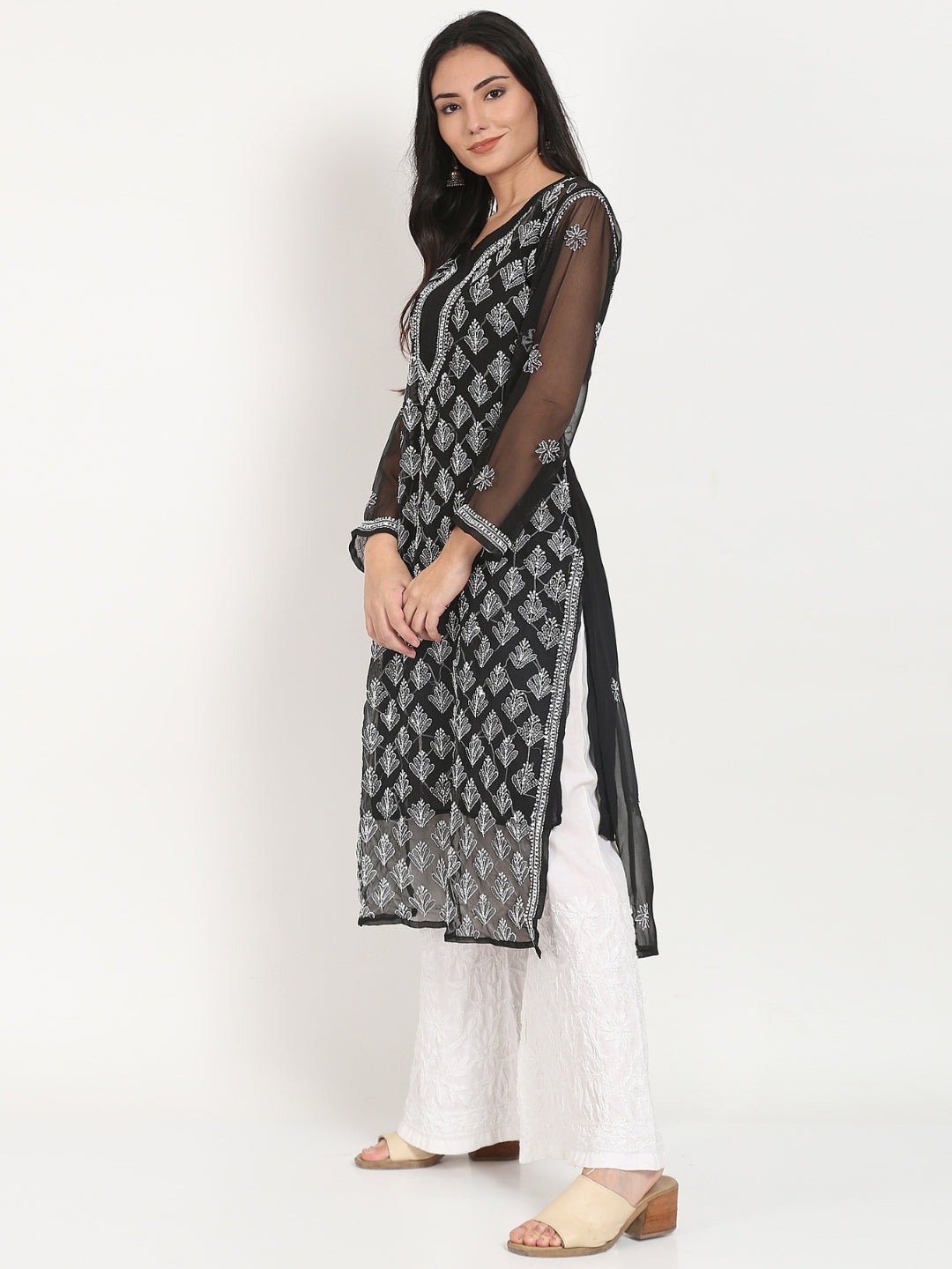 Black Marjan Georgette Booti Jaal Kurti & Inner