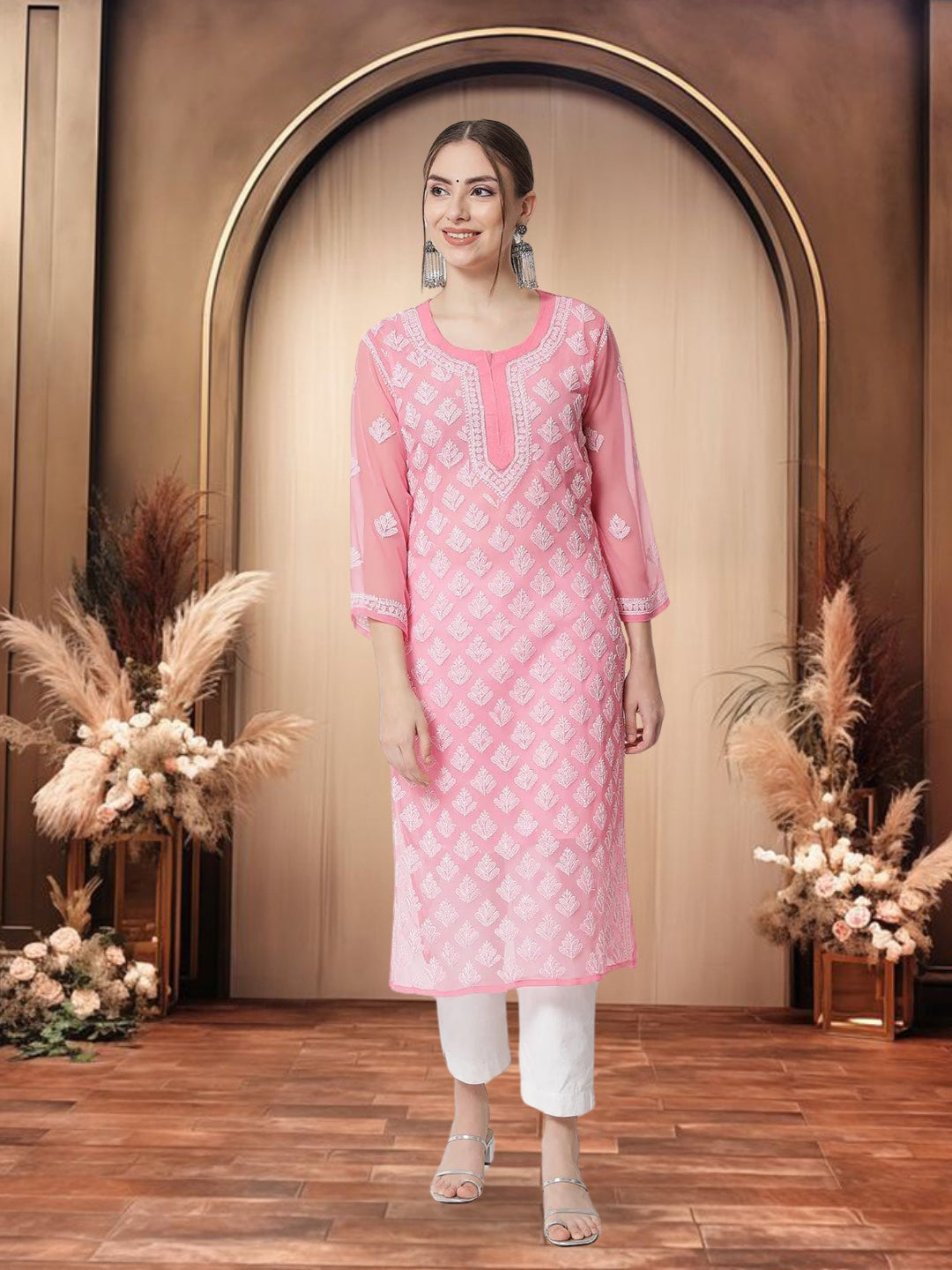 Coral Marjan Georgette Booti Jaal Kurti & Inner