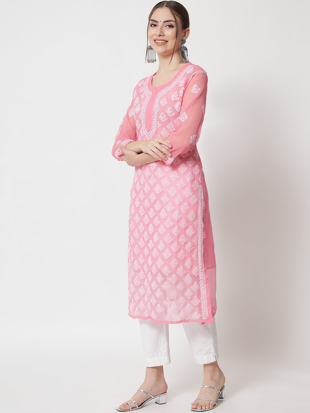 Coral Marjan Georgette Booti Jaal Kurti & Inner