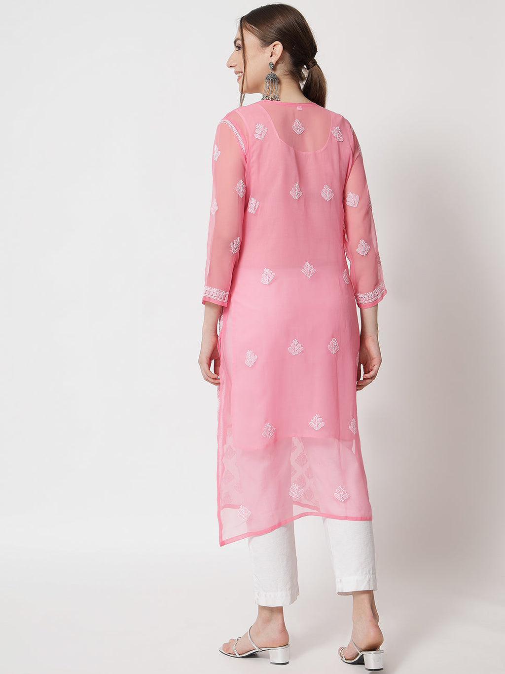 Coral Marjan Georgette Booti Jaal Kurti & Inner