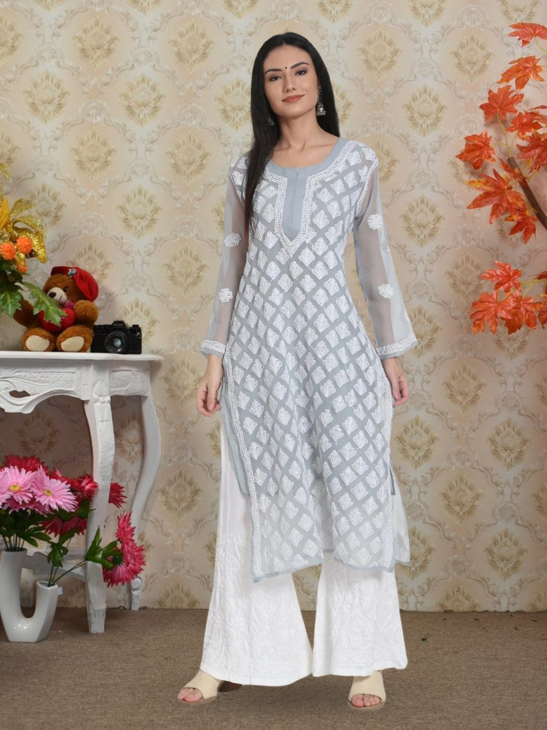 Gray Marjan Georgette Booti Jaal Kurti & Inner