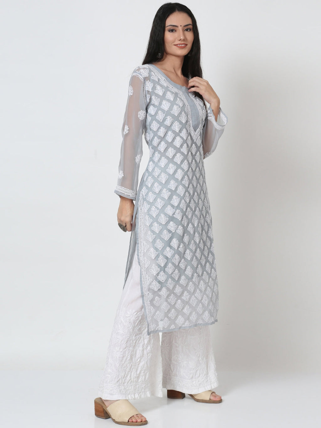 Gray Marjan Georgette Booti Jaal Kurti & Inner
