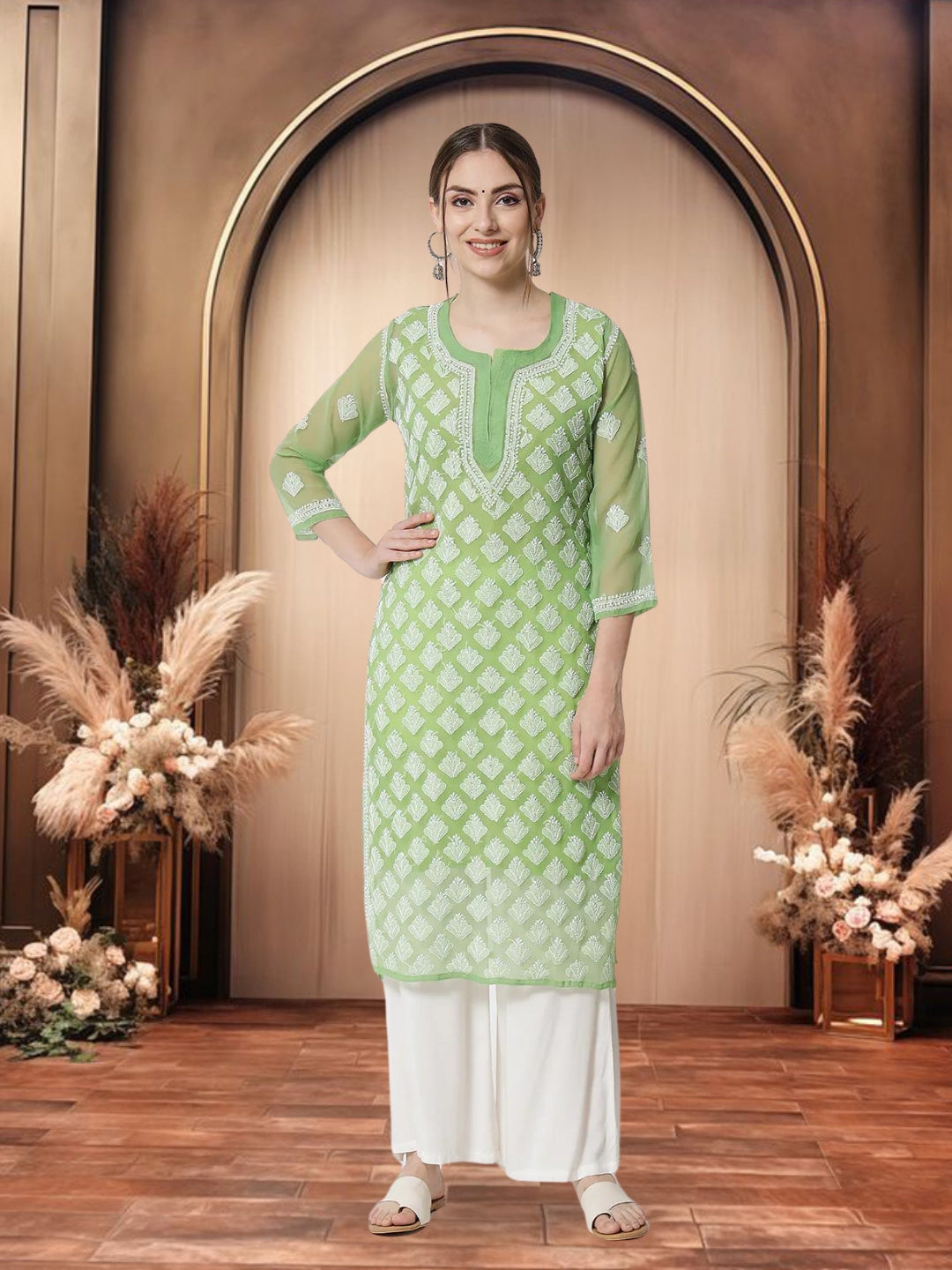 Henna Green Marjan Georgette Booti Jaal Kurti & Inner