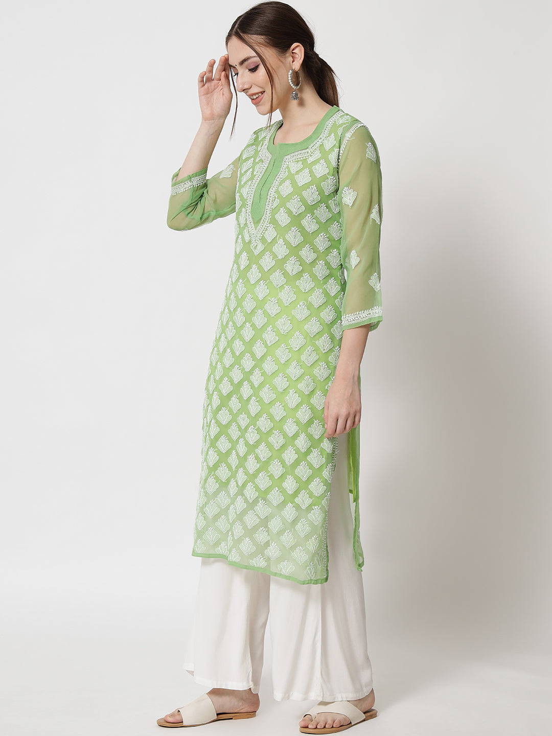 Henna Green Marjan Georgette Booti Jaal Kurti & Inner